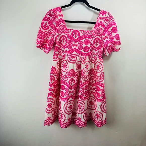 Brooklyns Dress Womens Med Pink Embroidered Floral Fit Flare Lined Boho Cotton - Picture 2 of 9